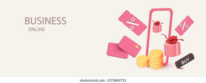 3D discount coupon illustration, vector pink  ticket, percent sign. concept. Sale bonus shopping online and coins promotion banner gift box