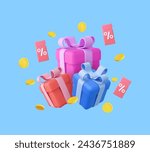 3d discount coupon with percentage sign and flying gifts box, coin. For online sales and favorable prices. Voucher card template design with coupon code promotion. 3d rendering. Vector illustration