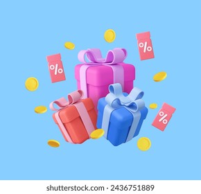 3d discount coupon with percentage sign and flying gifts box, coin. For online sales and favorable prices. Voucher card template design with coupon code promotion. 3d rendering. Vector illustration