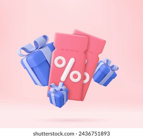 3d discount coupon with percentage sign and flying gifts box. For online sales and favorable prices. Voucher card template design with coupon code promotion. 3d rendering. Vector illustration