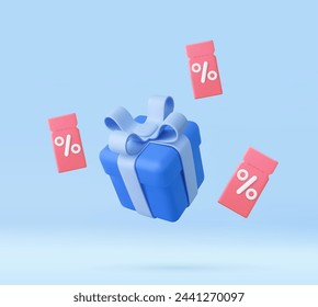 3d discount coupon with percentage sign and flying gifts box. For online sales and favorable prices. Voucher card template design with coupon code promotion. 3d rendering. Vector illustration