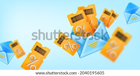 3D discount coupon sale banner, vector yellow ticket, open envelope illustration, customer gift background. Lucky present offer, loyalty program benefit concept. 3D shopping coupon promotional card