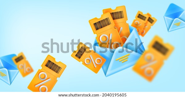 3D discount coupon sale banner, vector yellow\
ticket, open envelope illustration, customer gift background. Lucky\
present offer, loyalty program benefit concept. 3D shopping coupon\
promotional card