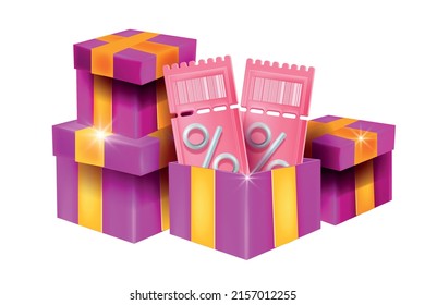 3d discount coupon, vector gift voucher banner, present box promo illustration, percentage sign. Special offer sale lucky pink ticket, loyalty program bonus gift, online shopping cashback. 3D coupon