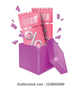 3d discount coupon, vector gift voucher banner, percentage sign, present box promo illustration. Special offer sale lucky pink ticket, online shopping cashback, loyalty program bonus gift. 3D coupon