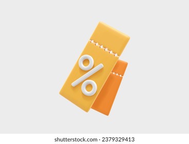 3D discount coupon. Voucher render with percent sign, sale, price tag, tear-off ticket. Special offer promotion. Purchase deal symbol. Vector promo illustration. 