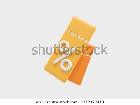 3D discount coupon. Voucher render with percent sign, sale, price tag, tear-off ticket. Special offer promotion. Purchase deal symbol. Vector promo illustration. 
