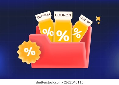 3D discount coupons in a folder online deal, promo offers, sales campaigns, and e-commerce marketing visuals. vector illustration