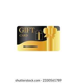 3d Tarjeta de regalo de descuento con caja de regalo aislada en fondo blanco. Plantilla de vales de lealtad negra de estilo con cinta dorada. Ilustración vectorial. Elemento de venta con arco. Símbolo de publicidad.