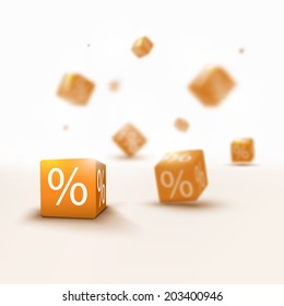 3D discount golden boxes dice for store market and shop. Sale promotional concept with percents