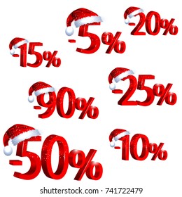 3D Discount Labels with Santa Hat on. 5, 10, 15, 20, 25, 50 & 90 Percent Off. Christmas Sale Promotion Vector