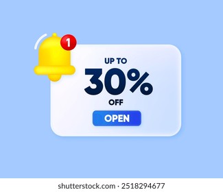 3D Discount Message. Sale 30 Percent Off Discount. Speech bubble with bell. Promotion price offer sign. Vector illustration.