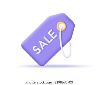 3d discount offer sale price tag icon. Render label tag on rope for discount offer, sale, promotion, online shopping and percentage concept. 3d vector cartoon minimal illustration