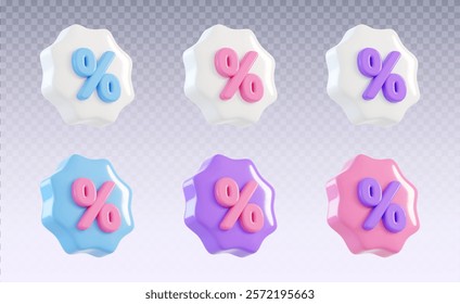 Insignias porcentuales de descuento 3D con bordes ondulados - colección en colores blanco, azul, rosa y púrpura. Elementos de Cupón pastel suave para promociones de venta, marketing de productos al por menor y diseño de comercio electrónico.