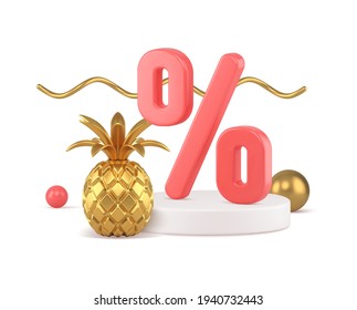 3d discount percentages podium with golden pineapple vector illustration. Pink sales luxury interior items and expensive things. Bright twisted decorations with white pedestal of colored pearls.