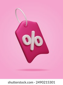 3D discount price tag vector illustration. Pink 3D online shopping sale price tag with percent sign. Special offer, commercial deal, summer sale banner. Retail marketing promo price tag label.