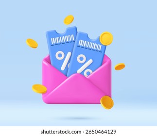 3D discount tickets with percentage signs in a pink envelope, surrounded by golden coins, representing special offers and savings. shopping purchase concept. 3d rendering. Vector illustration