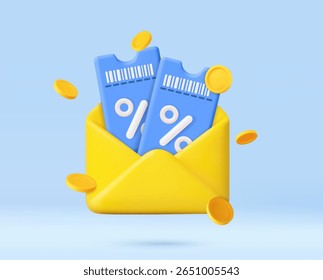 3D discount tickets with percentage signs in a yellow envelope, surrounded by golden coins, representing special offers and savings. shopping purchase concept. 3d rendering. Vector illustration