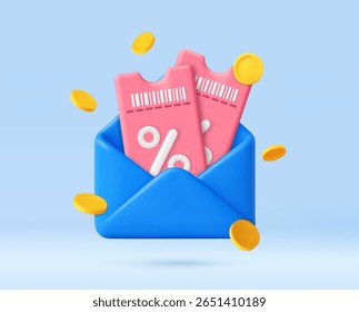 3D discount tickets with percentage signs in a blue envelope, surrounded by golden coins, representing special offers and savings. shopping purchase concept. 3d rendering. Vector illustration