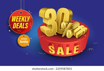 3D discount unit for 30% off sale. Weekly Deals 30% Off Sale design template for marketing promos. 