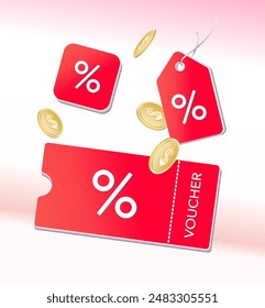 cupón de descuento 3d, Botón, etiqueta, Cupón, color rojo, Vector