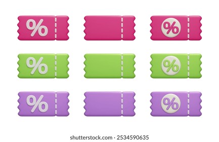 3D discount vouchers vector icon set. Colorful promo coupon, discounted item banner, percent sign voucher tickets isolated on white 3D renders. Online shopping, promotion special offer discount tags.