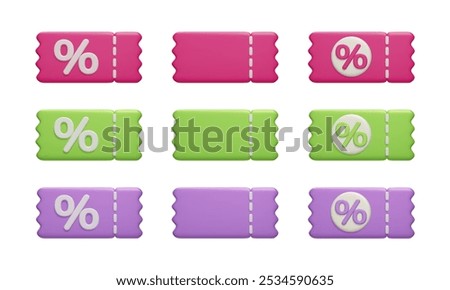 3D discount vouchers vector icon set. Colorful promo coupon, discounted item banner, percent sign voucher tickets isolated on white 3D renders. Online shopping, promotion special offer discount tags.