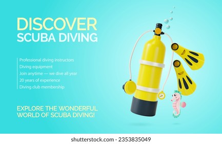 3d Discover Scuba Diving Invitation Placard Poster Banner Card Template Cartoon Style. Vector illustration of Diving Equipment Scuba Oxygen Cylinder and Fins