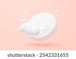 3D dish wash icon signs with soapy foam cleaning service. clean dish with bubble splash, ceramic plate in kitchenware scouring pads. 3d brushing hygiene icon vector render illustration