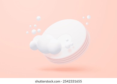 3D dish wash icon signs with soapy foam cleaning service. clean dish with bubble splash, ceramic plate in kitchenware scouring pads. 3d brushing hygiene icon vector render illustration