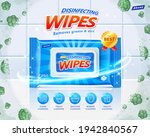 3d disinfecting wet wipes ad. Concept of protection against harmful microbes. Layout design with efficacy icons on clean ceramic tiles background.