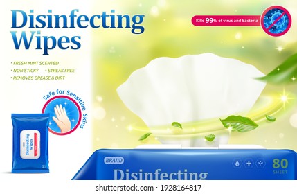 3d disinfecting wet wipes ad template with product mock up and fresh leaf effects.