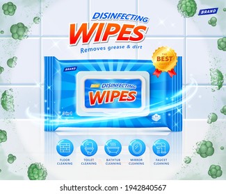 3d disinfecting wet wipes ad. Concept of protection against harmful microbes. Layout design with efficacy icons on clean ceramic tiles background.