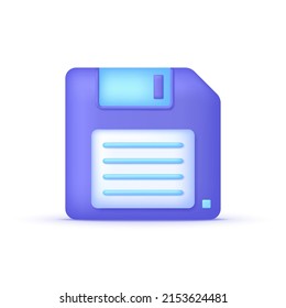 Icono de disquete 3D aislado en fondo blanco. Almacenamiento de datos en línea, dispositivo de memoria, almacenamiento de archivos y copia de seguridad. Se puede usar para muchos fines. Vector moderno y de moda en estilo 3d.