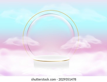 3D zeigt abstrakte Formulare an. Pastelltöne verleihen Ihrem Design ein luxuriöses Podium mit weißen Wolken. Fashion Showbühne, Podest, Schaufenster mit buntem Thema.
