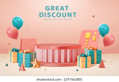 3D display background for sale promotion. Pink metallic podium surrounded by gifts, balloons, shopping bag, credit card, and geometric decorations.