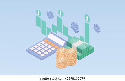 3d display bar chart on the calculator with silver coins and arrow rising.on Pastel Blue background.3d handmade.3d vector icon for technology,business illustration.