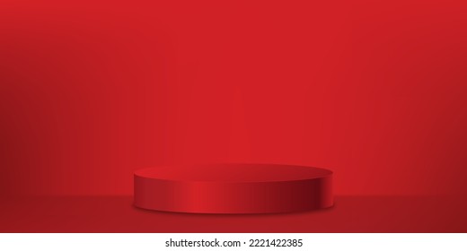 3D display cylinder podium on red wall background,Vector luxury studio backdrop scene with circle stage stand for Valentine, Chinese new year,Christmas,Mid Autumn Festival for product presentation
