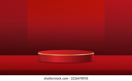 3D display cylinder podium on red wall background,Vector luxury studio backdrop scene with circle stage stand for Valentine, Chinese new year,Christmas,Mid Autumn Festival for product presentation