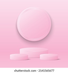 3d display cylinder shape, pink pastel cosmetic product banner, event advertising vector design