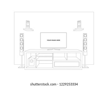 3d display home theatre with LED TV and sound system. Vector sketch outline drawing editable.