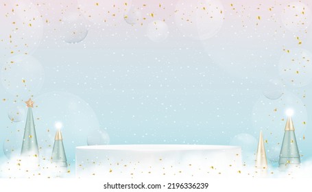 3D Display pedestal white podium with conical tree and gold elements on pink, blue background,Vector design concept for Christmas card.Backdrop for Winter holiday Sale,Promotion concept