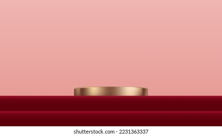 3D Display Pink Gold Cylinder Podium on Red Step and Beige wall Background,Vector luxury studio scene with circle stand for Valentine,Chinese new year,Christmas,Mothers Day product presentation