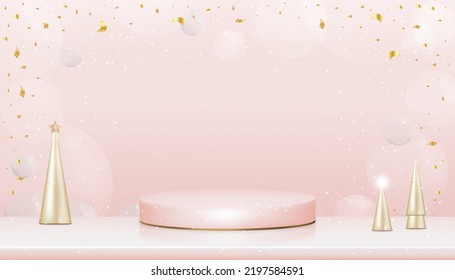 3D display pink podium with gold conical tree and gold elements,Vector Showcase pedestal stand with snowing on pink wall background,Luxury design concept for New Year,Christmas card or Winter sale