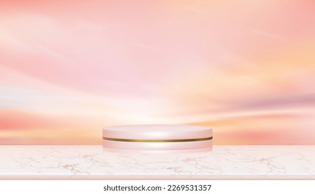 Podio de visualización 3D sobre la mesa de mármol sobre el cielo del polvo del atardecer con nubes,Vector vacío de estudio con base de cilindro sobre la textura del suelo de mármol con cielo de amanecer,Fondo para el esparcimiento,Presentación de verano