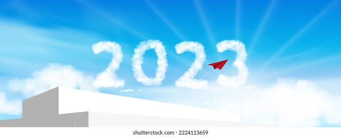 3d Display podium step,Red paper airplane flying direction to 2023 cloud on blue sky background,Vector creative idea new achievements, financial of leadership concept for business start up