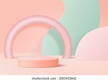 3d display product abstract minimal scene with geometric podium platform. cylinder background vector 3d rendering with podium. stand for cosmetic products. Stage showcase on pedestal 3d pink studio