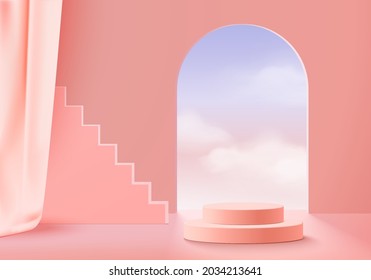 3d display product abstract minimal scene with cloud geometric podium platform. Background vector 3d rendering with podium. stand for cosmetic products. Stage showcase on pedestal 3d pink cloud sky