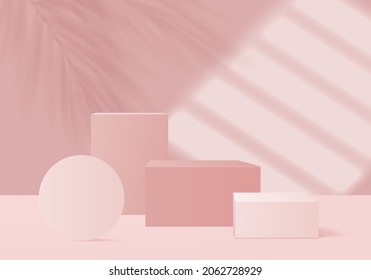 3d display product abstract minimal scene with geometric podium platform. cylinder background vector 3d rendering with podium. stand for cosmetic products. Stage showcase on pedestal 3d pink studio