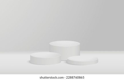 3d display product minimal scene with geometric podium platform. Abstract white 3D room with realistic white cylinder pedestal podium. Stage showcase on pedestal display beige background studio